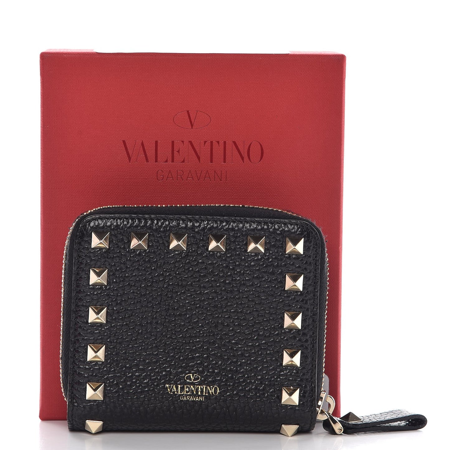Pebbled Calfskin Rockstud Compact Zip Around Wallet Black