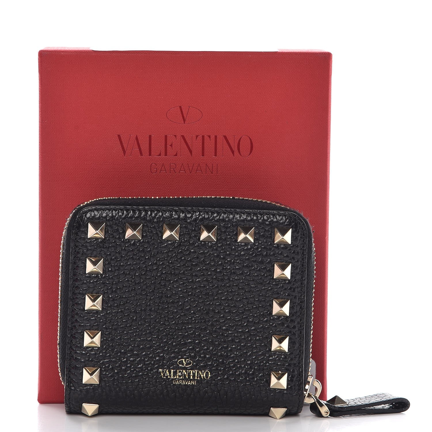 Valentino Garavani Pebbled Calfskin Rockstud Compact Zip Around Wallet Black 10 of 10