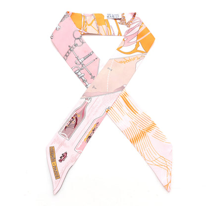 Hermes Silk Caleche Mors Et Bouteilles Twilly Rose Jaune Gris 1 of 4