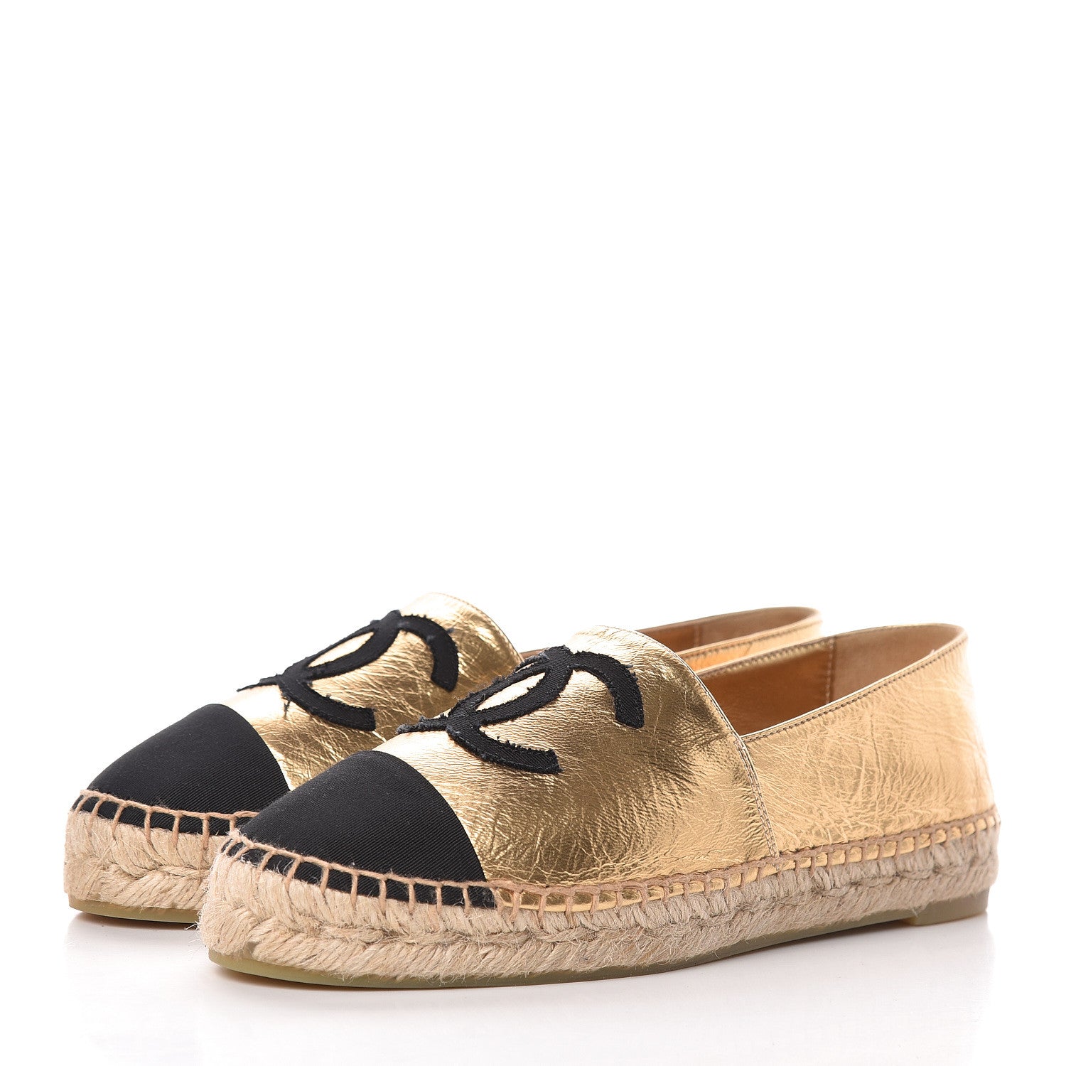 Chanel Laminated Lambskin Grosgrain CC Espadrilles 36 Gold Black 3 of 10