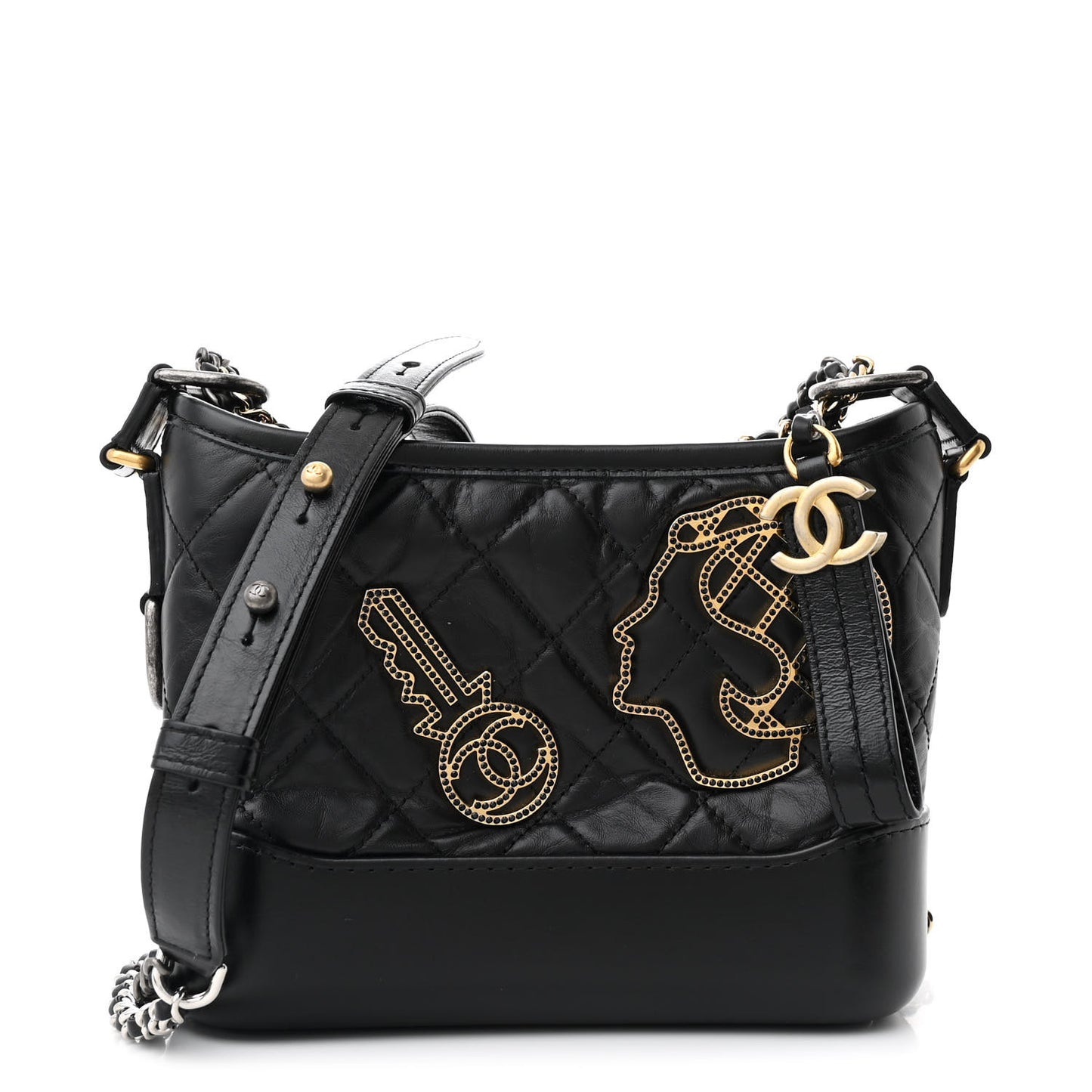 Aged Calfskin Quilted Charms Small Gabrielle Hobo Black