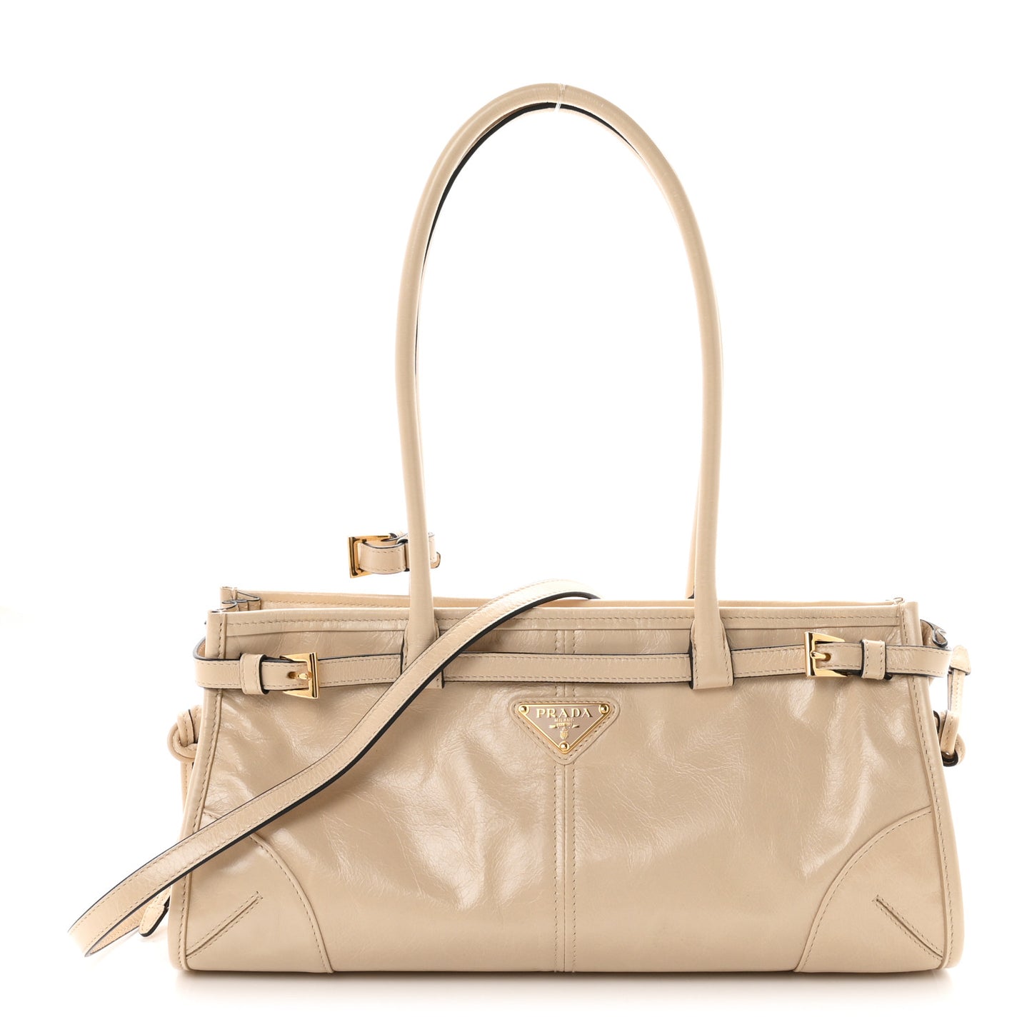 Glossy Calfskin Triangle Medium Bonnie Shoulder Bag Travertine