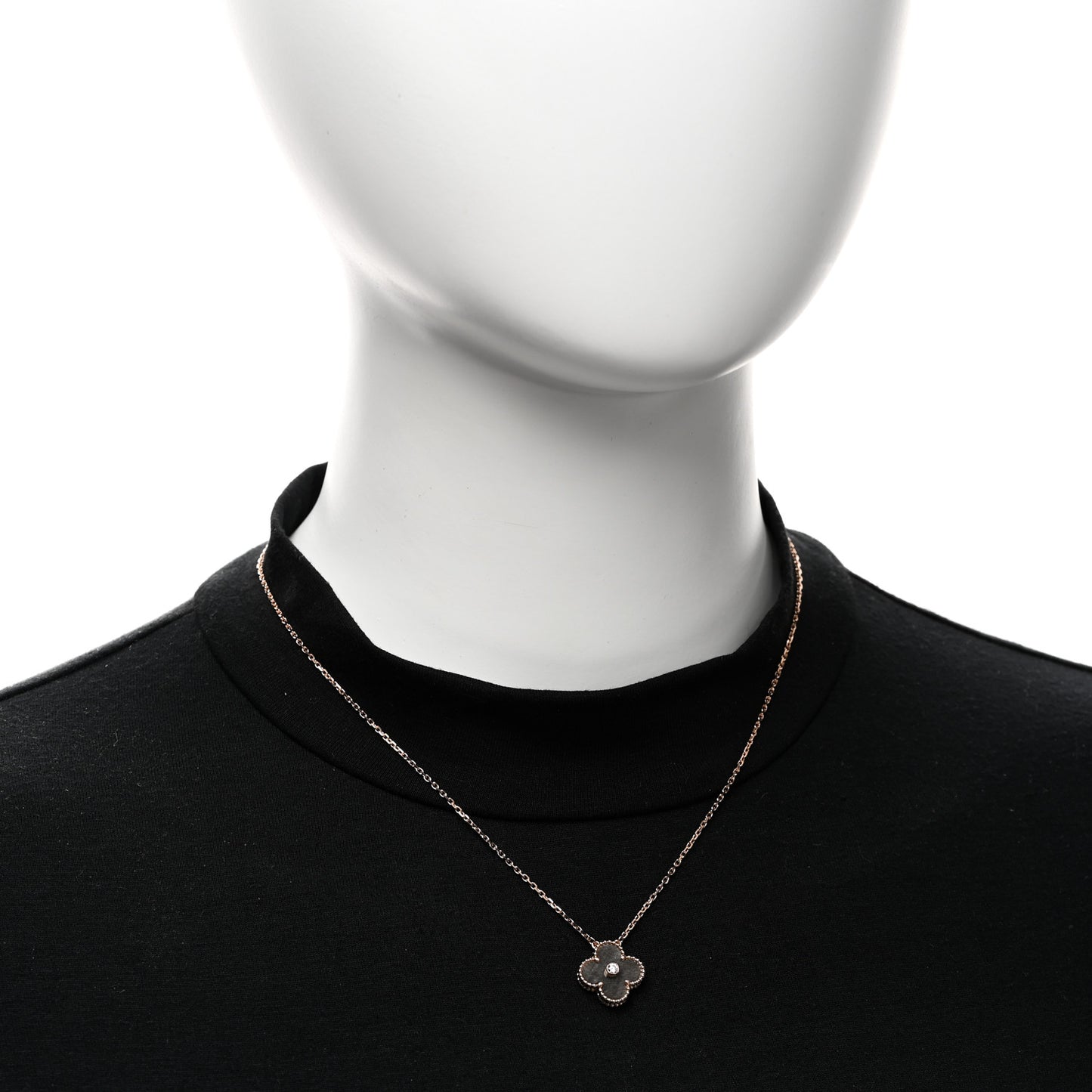 18K Rose Gold Diamond Silver Obsidian Vintage Alhambra Pendant Necklace