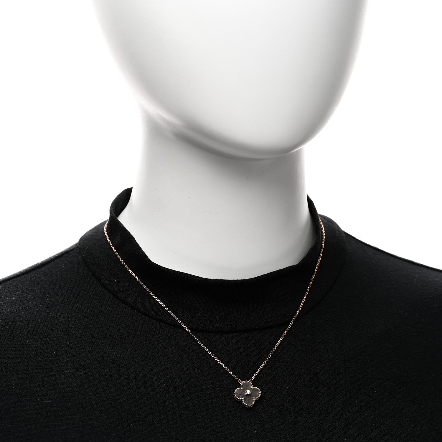Van Cleef & Arpels 18K Rose Gold Diamond Silver Obsidian Vintage Alhambra Pendant Necklace 2 of 6