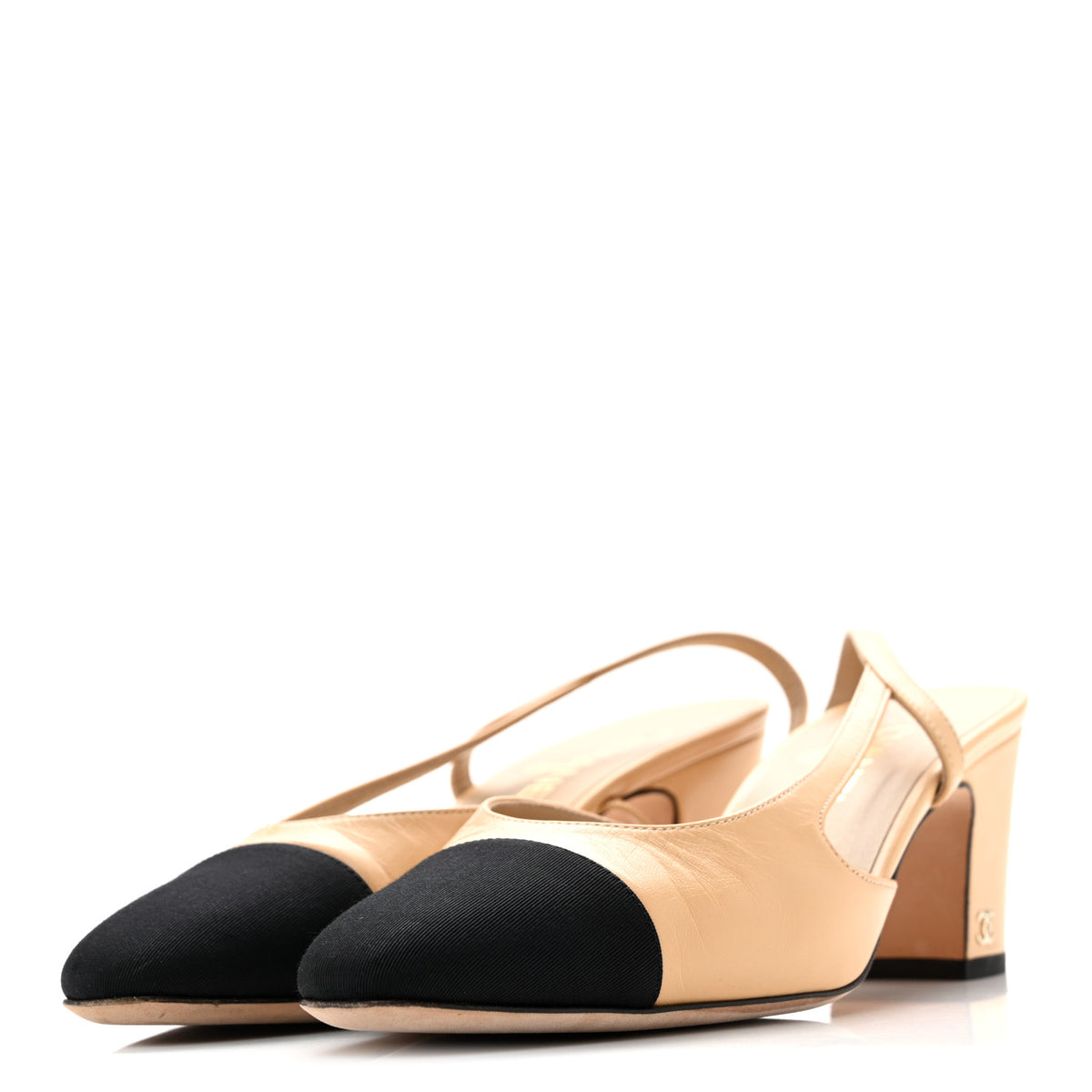 Goatskin Grosgrain Cap Toe CC Slingback Pumps 39 Beige Black