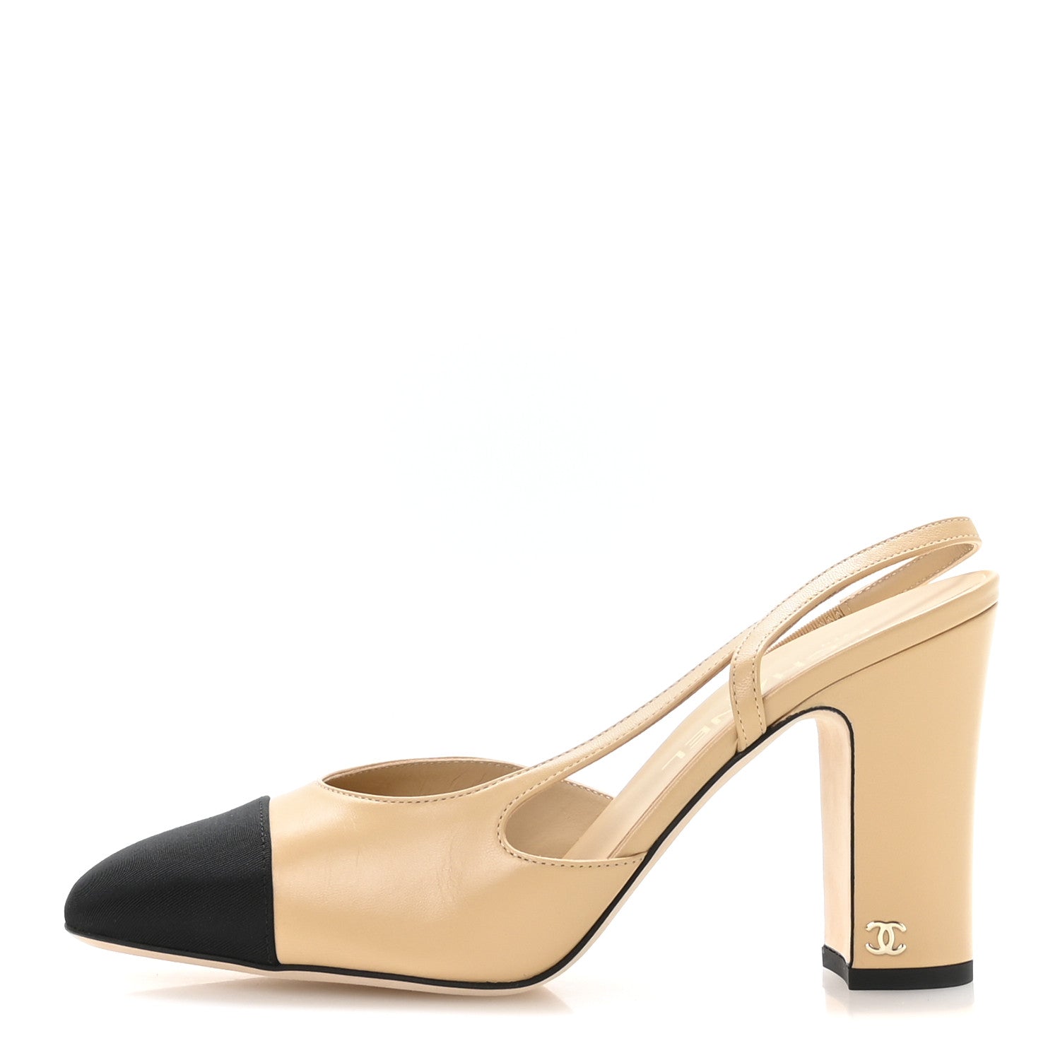 Chanel Goatskin Grosgrain Cap Toe CC Slingback Pumps 40 Beige Black 1 of 9