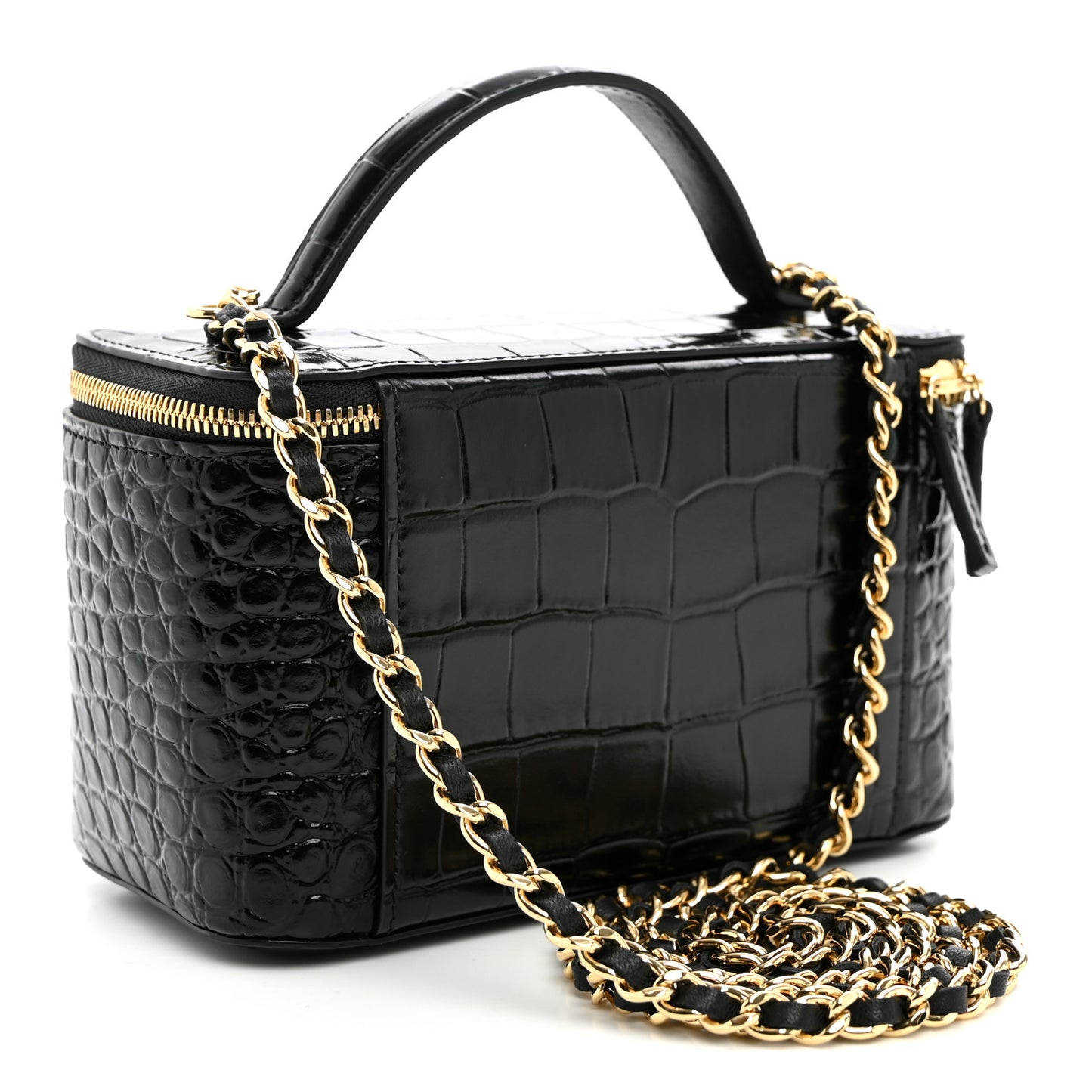 Calfskin Crocodile Embossed Crococo Small Top Handle Vanity Case With Chain Black