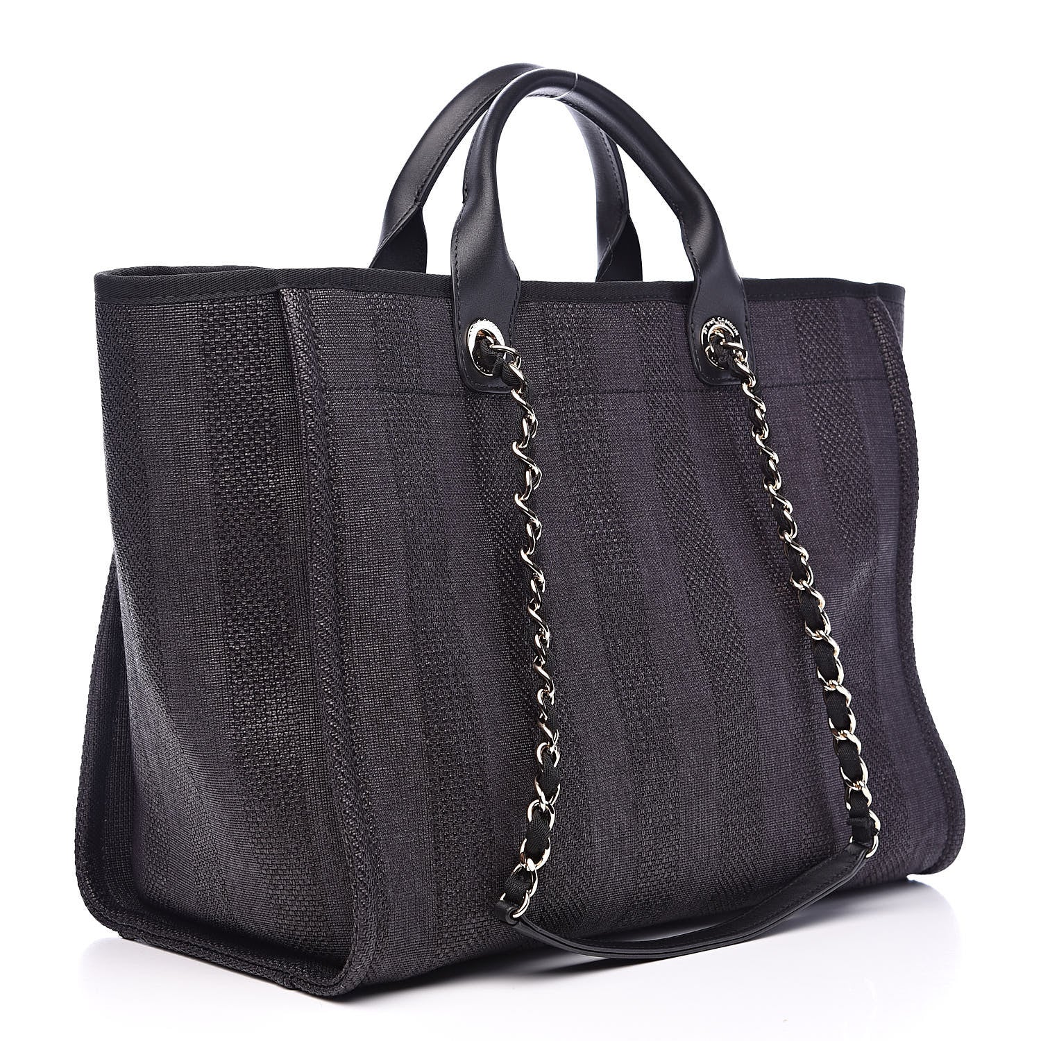 Chanel Straw Raffia Calfskin Striped Large Deauville Tote Black 3 of 9