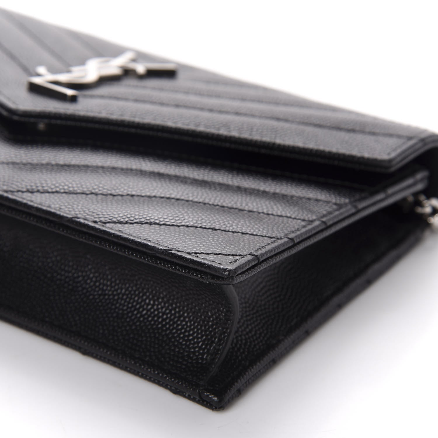 Saint Laurent Grain De Poudre Matelasse Chevron Monogram Envelope Chain Wallet Black 7 of 11