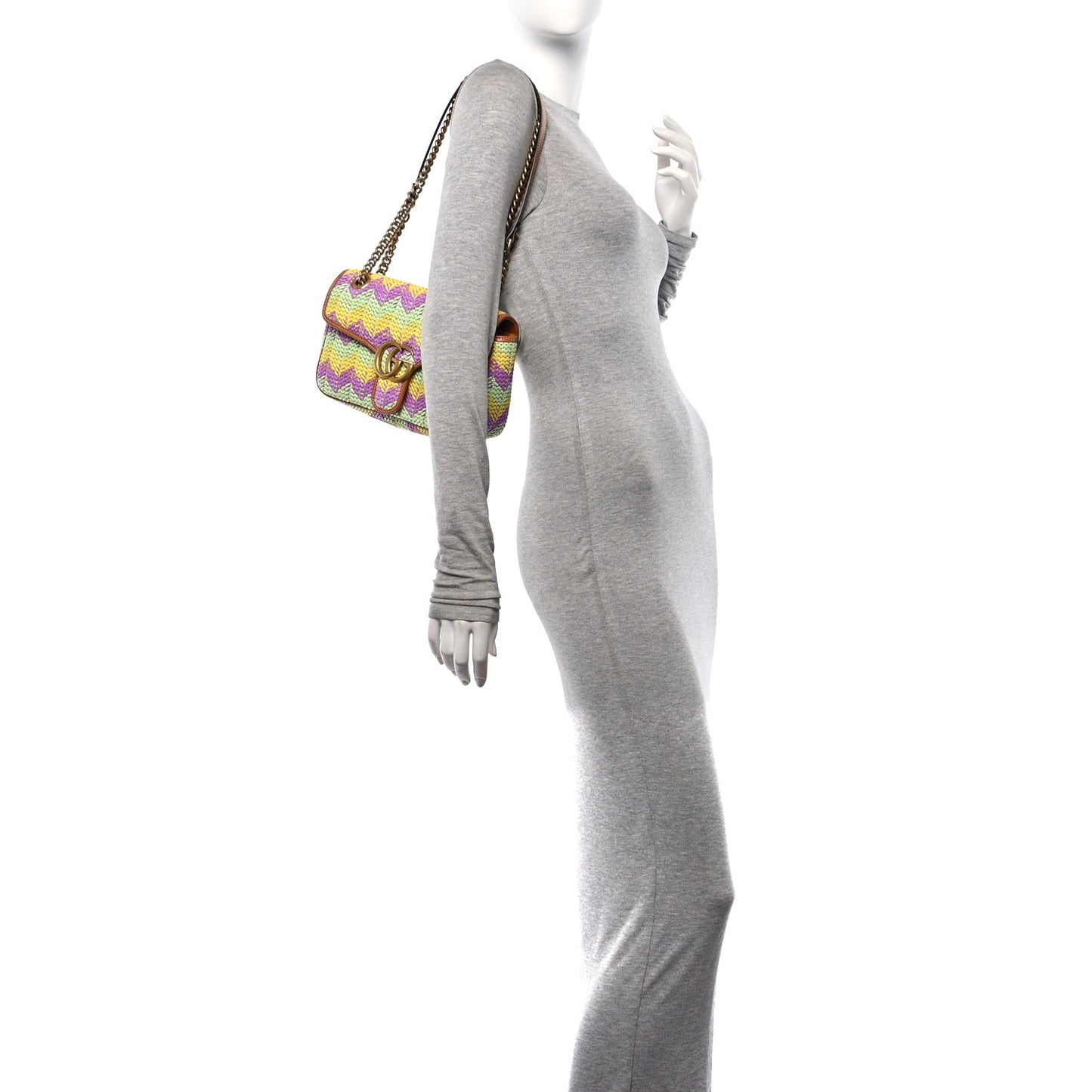 Calfskin Raffia Woven Small GG Marmont Shoulder Bag Multicolor