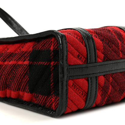 Balenciaga Wool Cuir Arena Plaid Diagonal Allover Logo Matelasse XS Bazar Shopper Tote Red Black 10 of 11