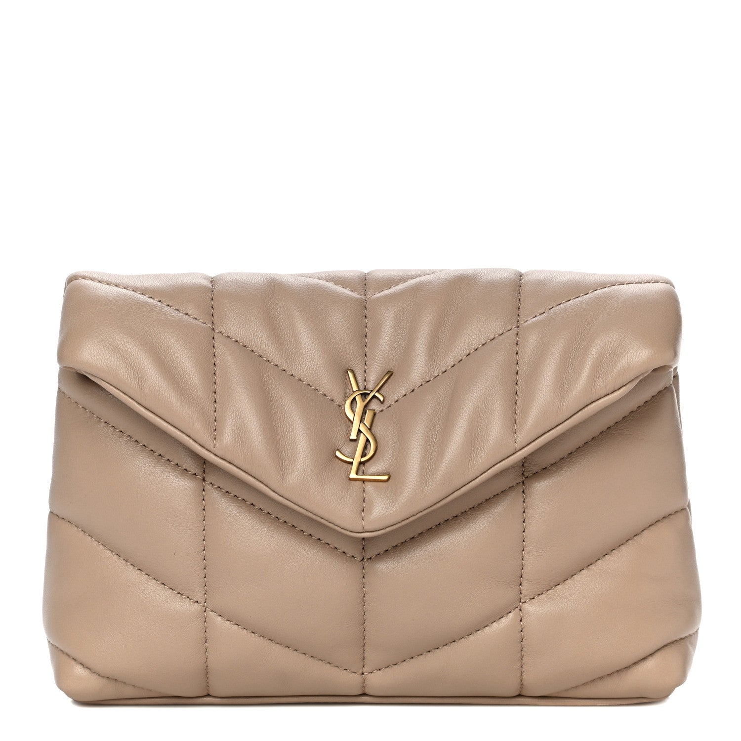 Saint Laurent Lambskin Monogram Loulou Puffer Pouch Clutch Dark Beige 1 of 15