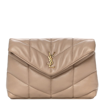 Saint Laurent Lambskin Monogram Loulou Puffer Pouch Clutch Dark Beige 1 of 15