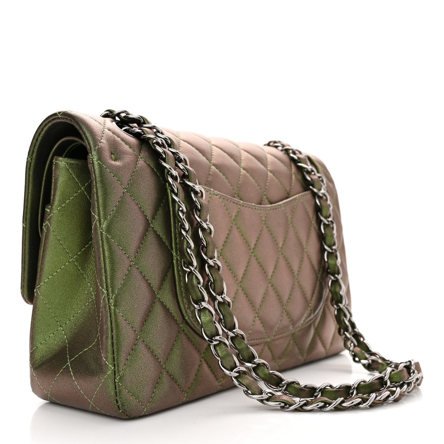 Iridescent Lambskin Quilted Medium Double Flap Green