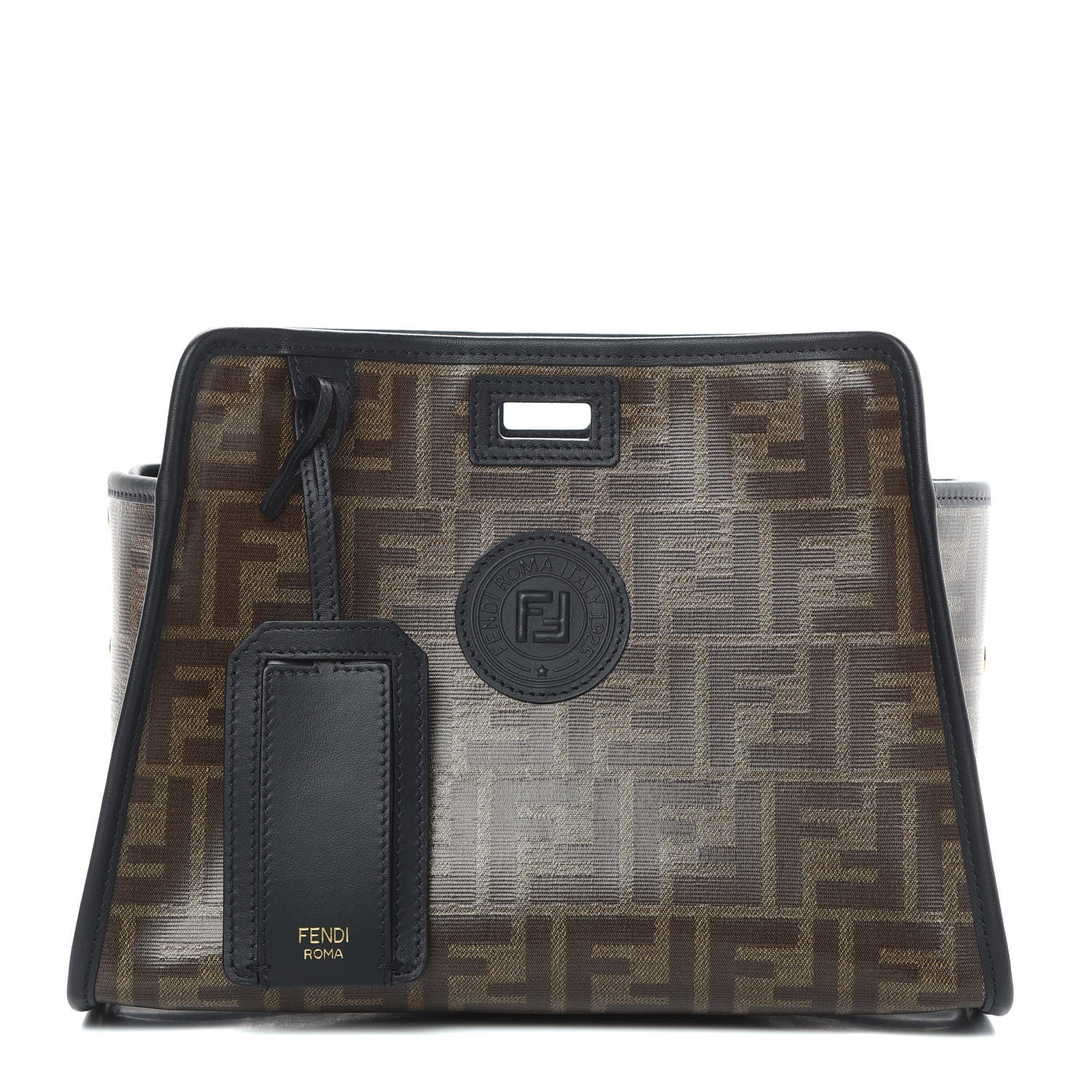 Fendi Glazed Fabric Vitello Century FF 1974 Stamp Patch Mini Peekaboo Defender Cover Mogano Panna Black 1 of 9