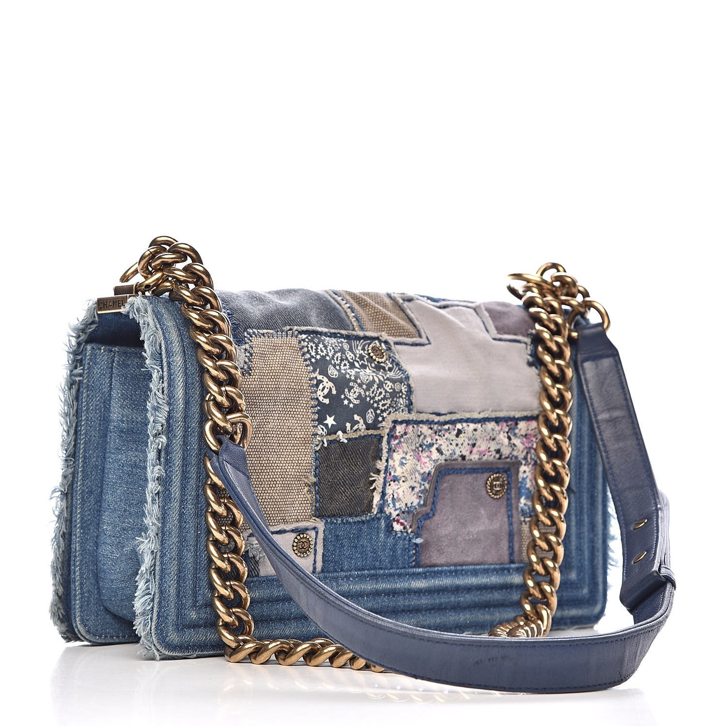 Denim Patchwork Medium Boy Flap Blue
