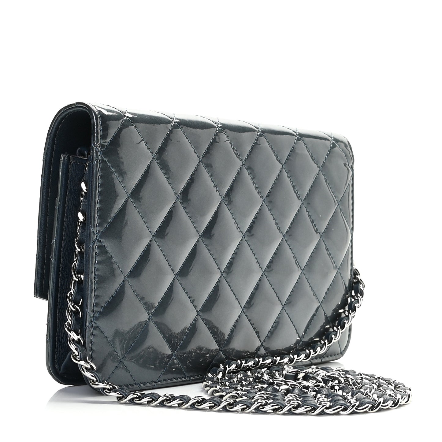 Patent Quilted Brilliant Wallet On Chain WOC Dark Blue