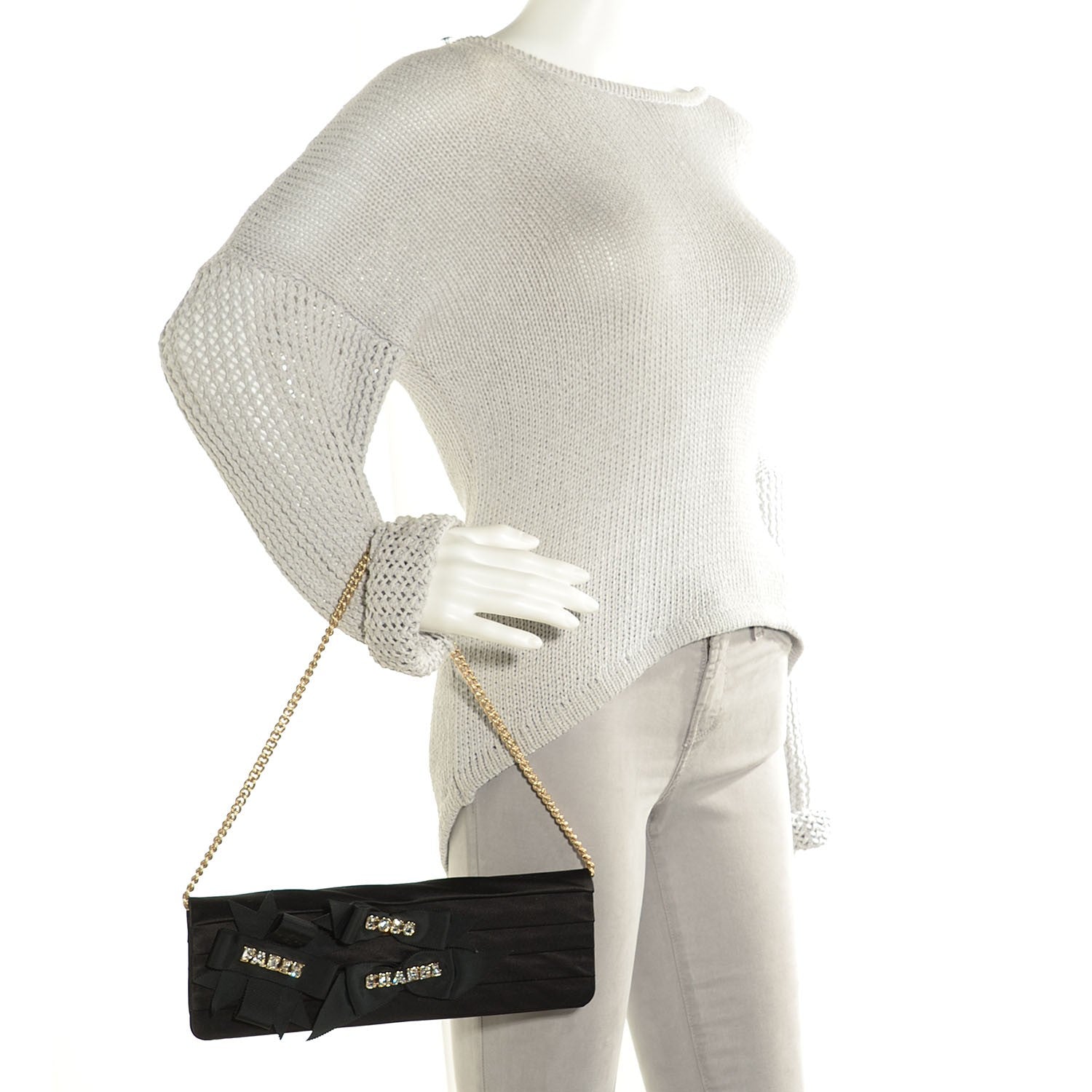 Chanel Satin Grosgrain Crystal Bow Convertible Clutch Black 2 of 7