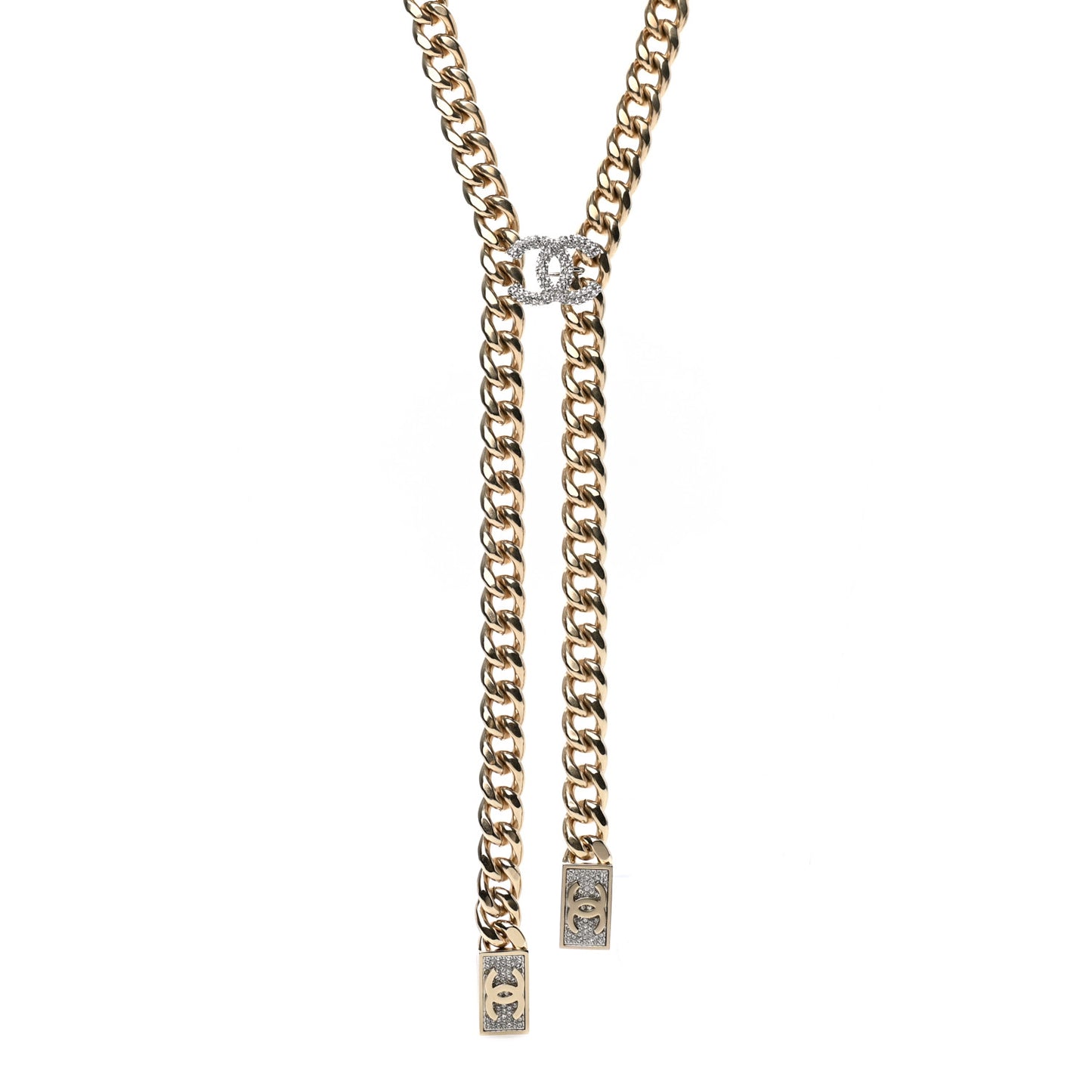 Chain Link Crystal CC Dog Tag Charm Necklace Gold