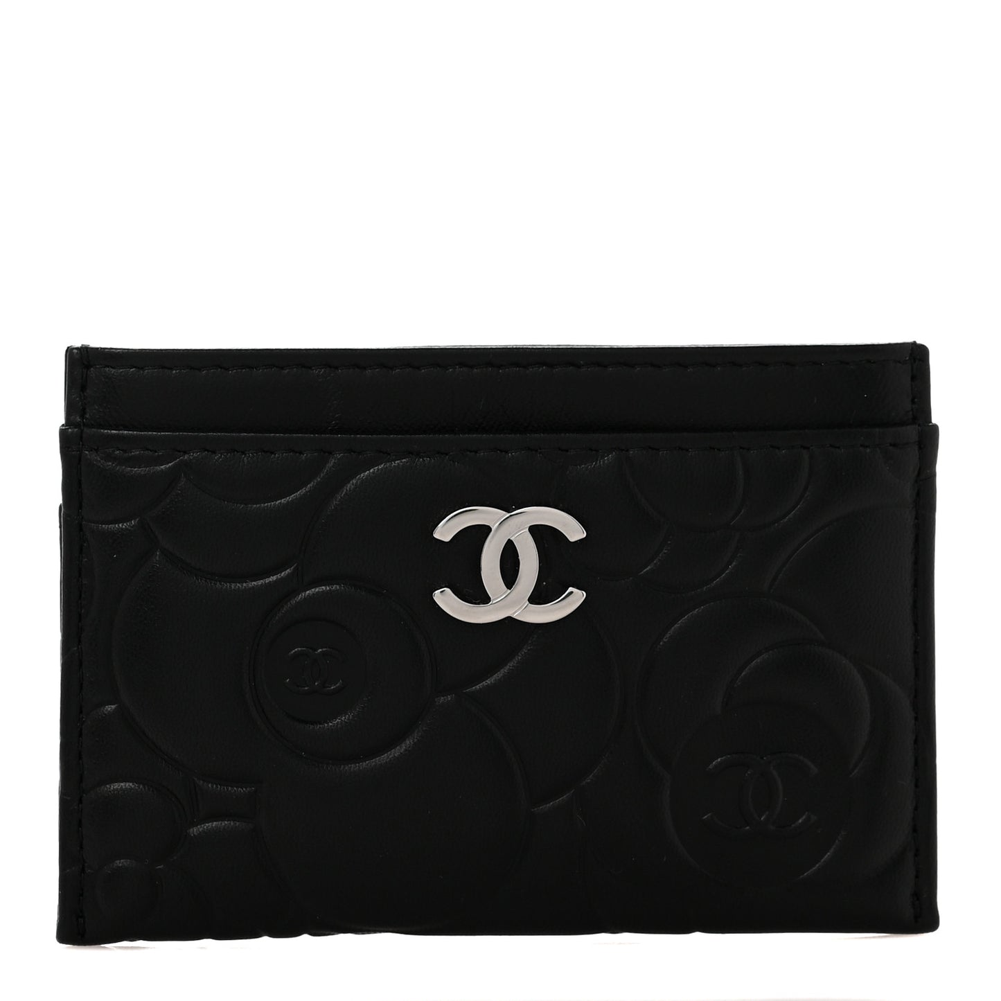 Lambskin Camellia Embossed Card Holder Black