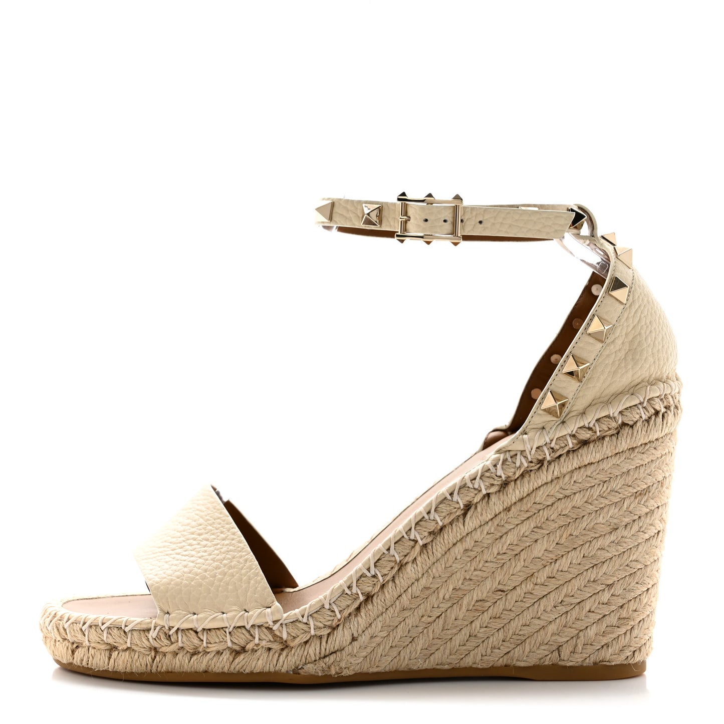 Grained Calfskin Rockstud Ankle Strap Espadrille 15/105mm Sandals 40 Light Ivory Natural