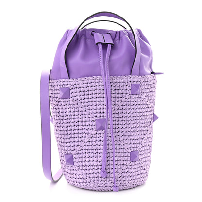 Valentino Garavani Raffia Nappa Monochrome Roman Stud Drawstring Bucket Bag Glicine 1 of 11