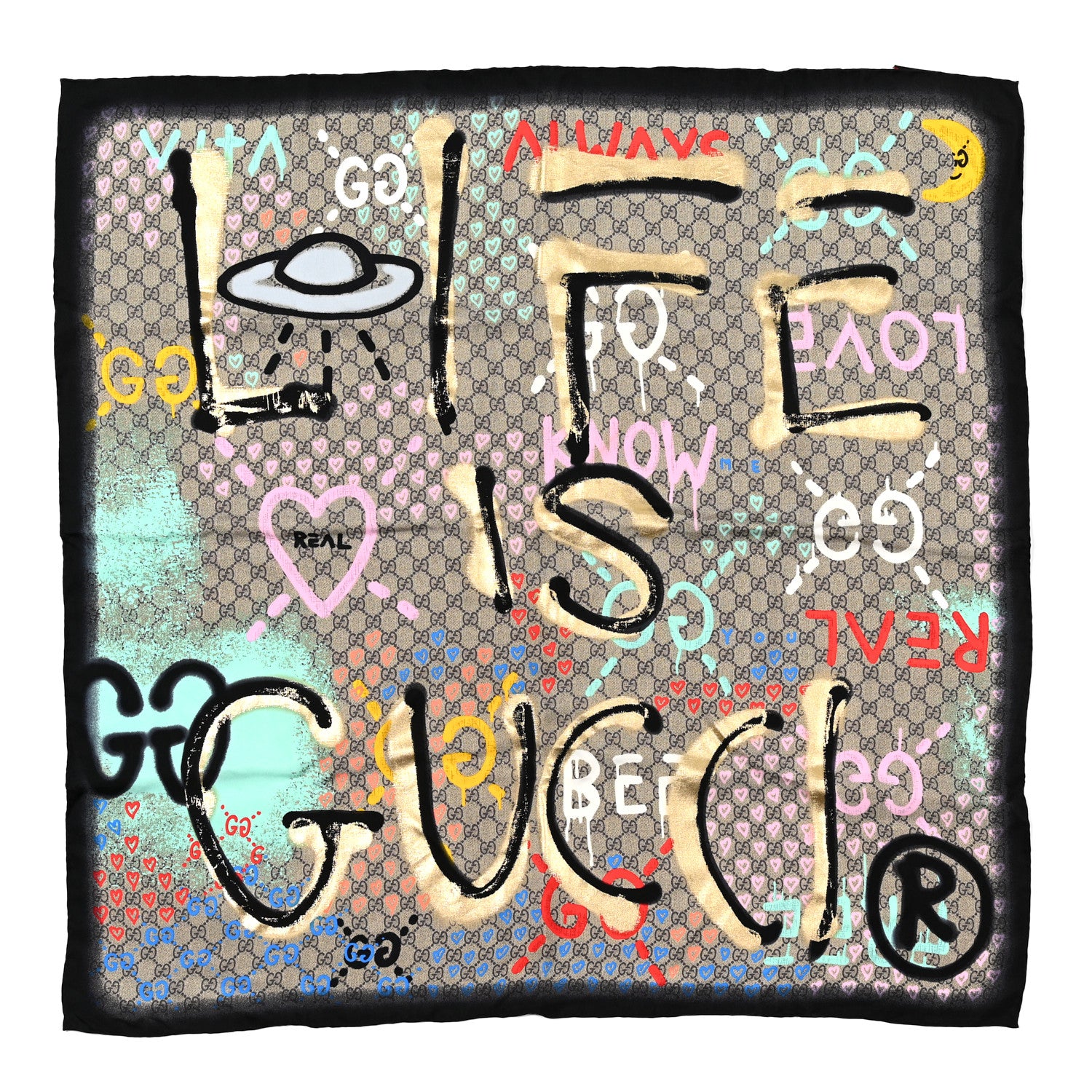 Gucci Silk Twill GG Monogram Life is Gucci Square Scarf Multicolor 1 of 4