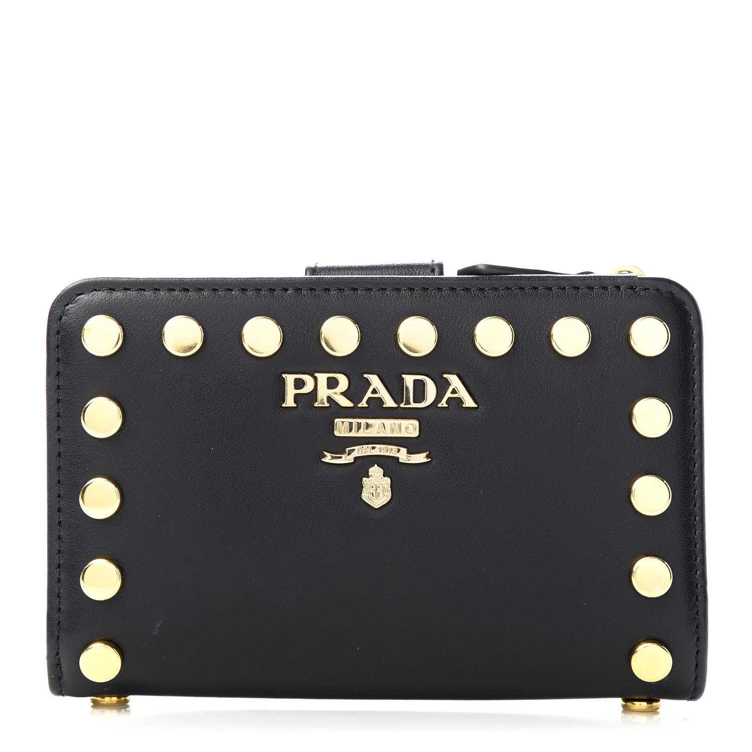 Prada Soft Calfskin Studded Compact Wallet Black 1 of 7