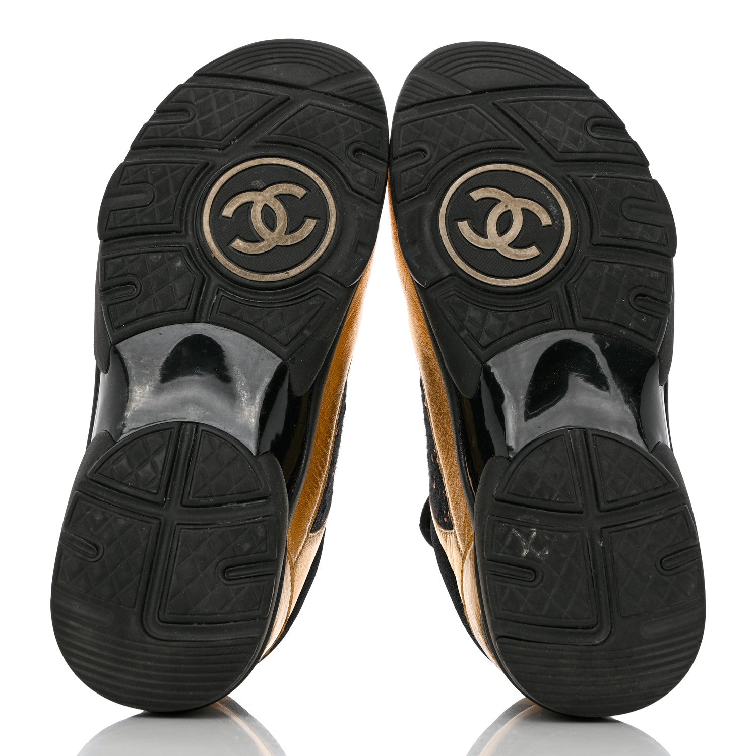 Chanel Satin Lambskin Fabric Tweed CC Sneakers 37 Gold Black 5 of 12