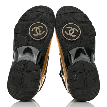 Chanel Satin Lambskin Fabric Tweed CC Sneakers 37 Gold Black 5 of 12