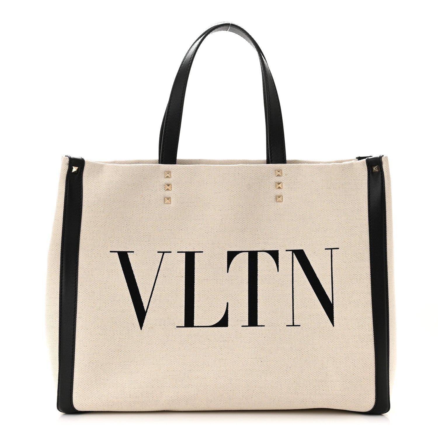 Valentino Garavani Canvas Calfskin VLTN Print Small Rockstud Tote Naturale Black 1 of 9