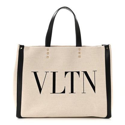 Valentino Garavani Canvas Calfskin VLTN Print Small Rockstud Tote Naturale Black 1 of 9