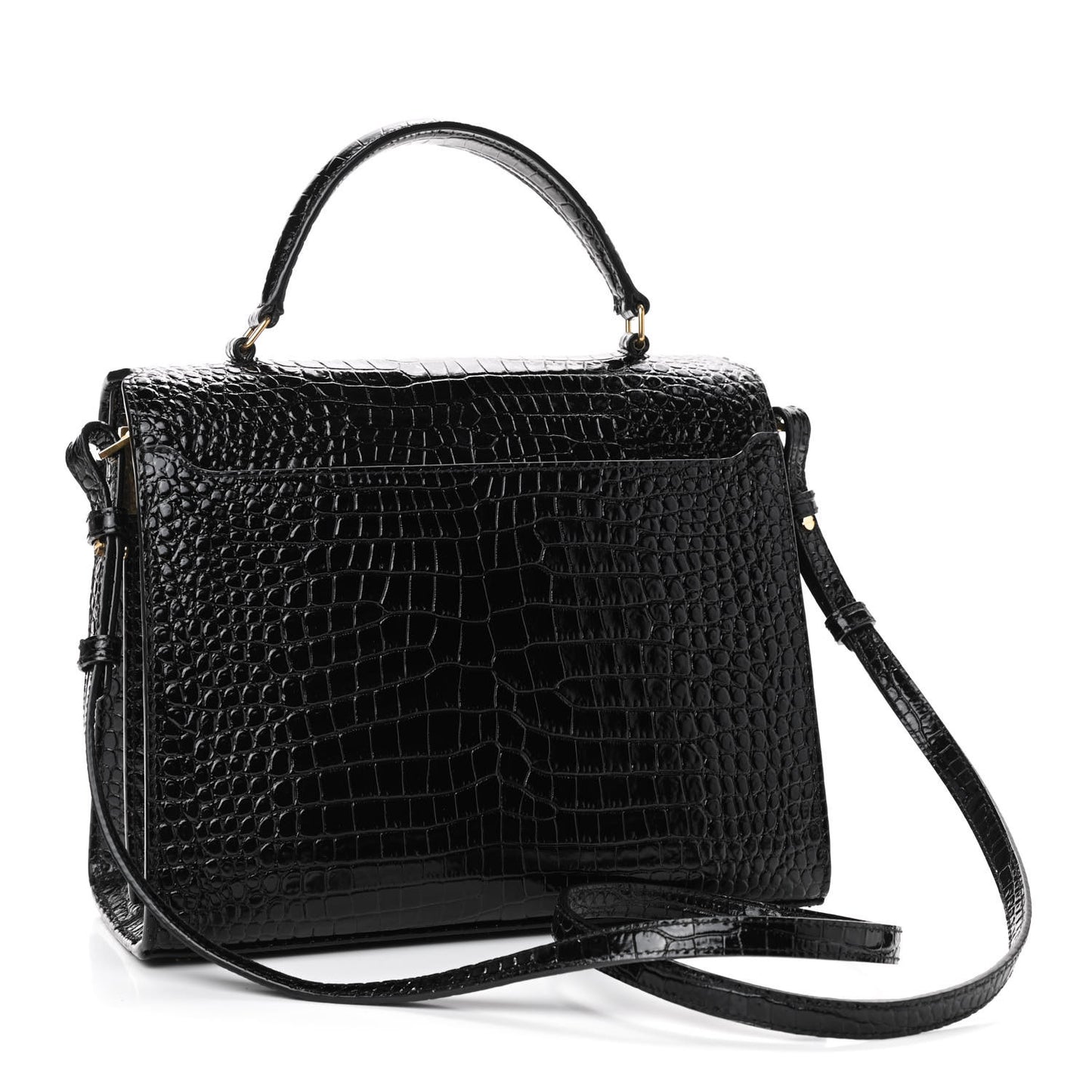 Calfskin Crocodile Embossed Mini Classic Monogram Cassandra Top Handle Black