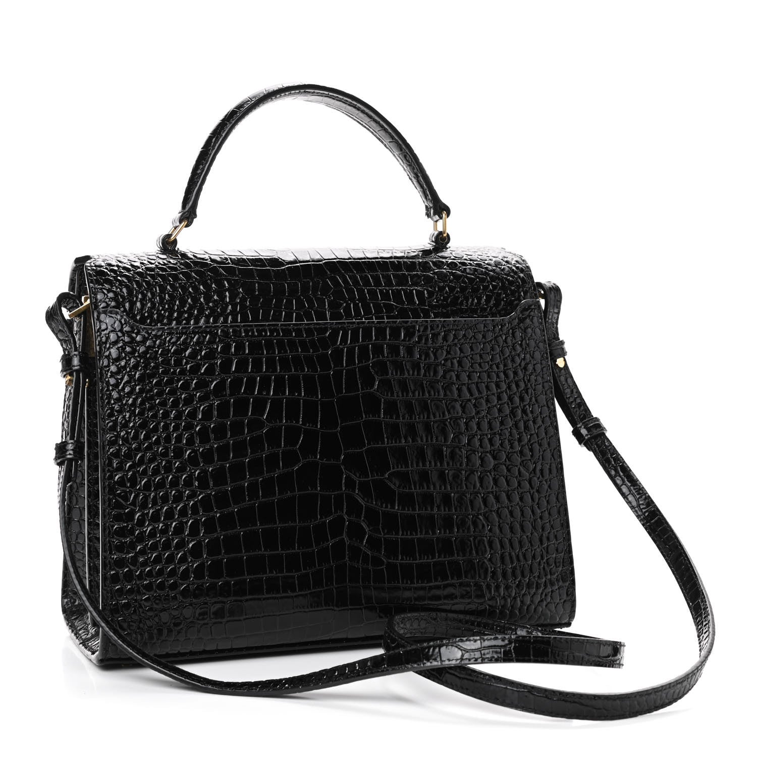 Saint Laurent Calfskin Crocodile Embossed Mini Classic Monogram Cassandra Top Handle Black 2 of 7