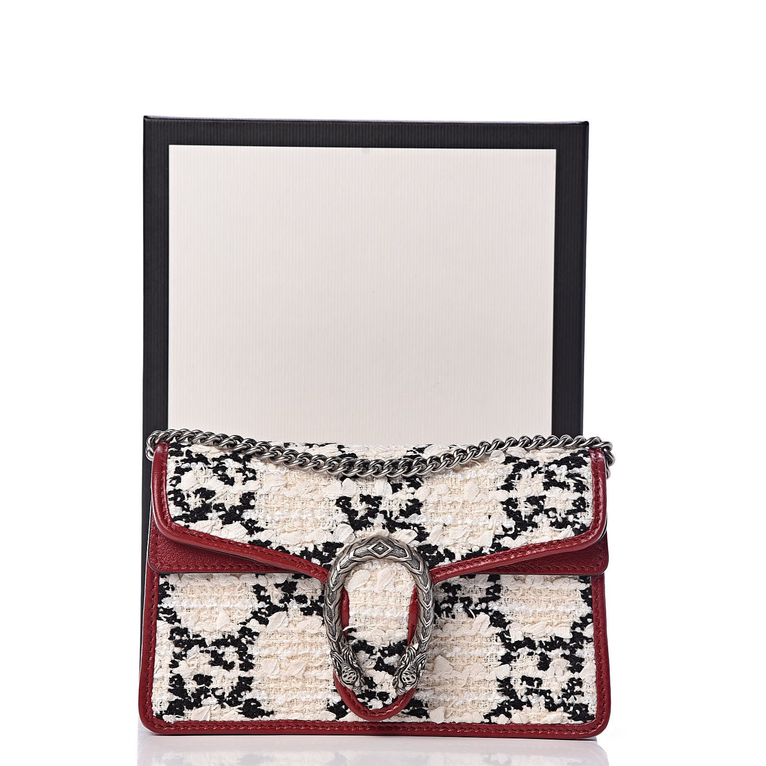 Gucci Tweed GG Monogram Super Mini Dionysus Shoulder Bag White Black Romantic Cherry 10 of 10