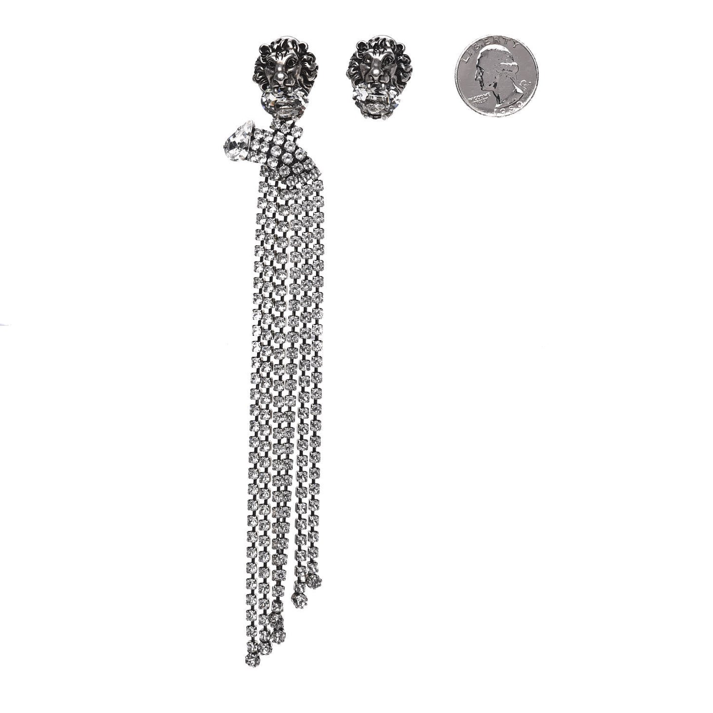 Metal Crystal Asymmetrical Lion Head Clip On Earrings Silver