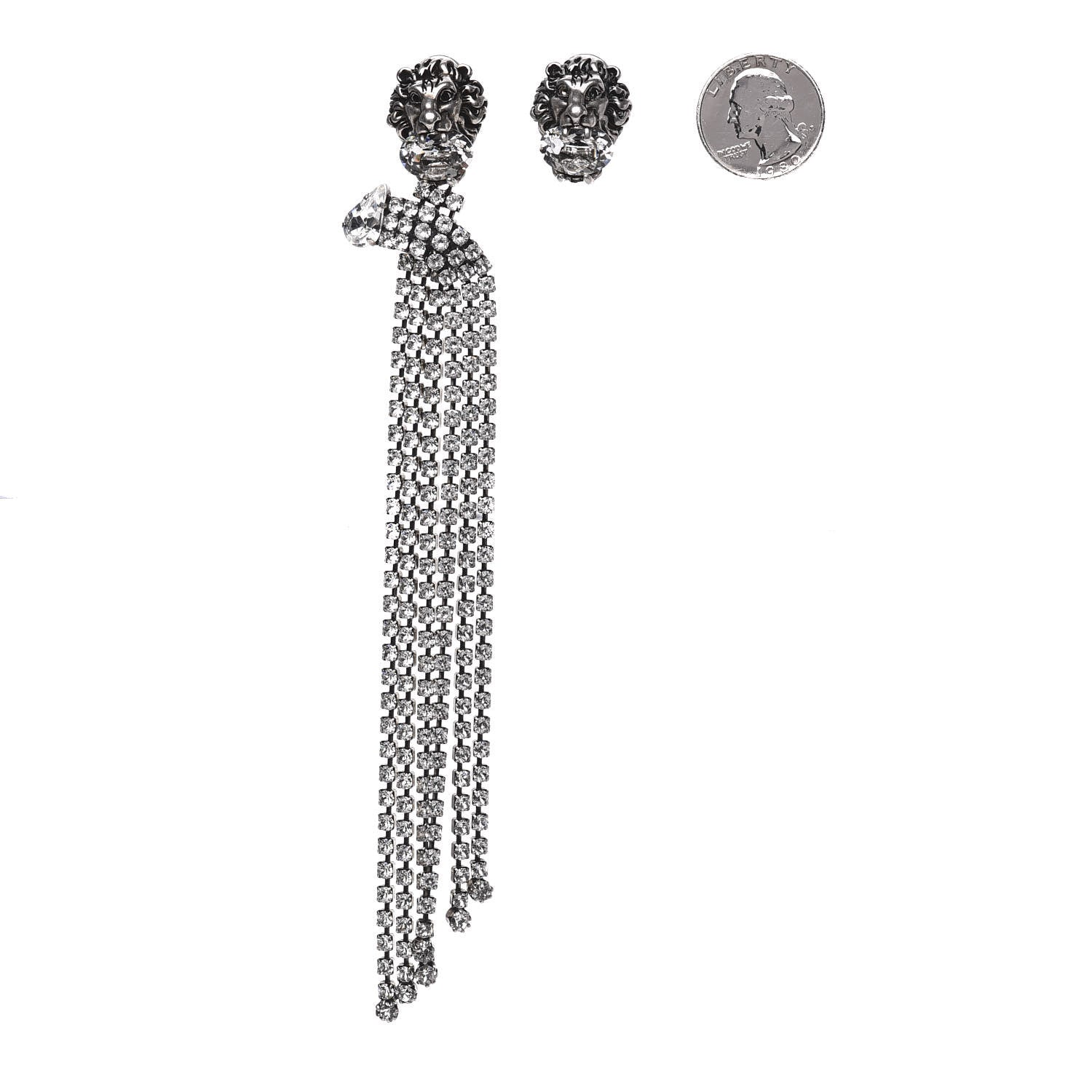 Gucci Metal Crystal Asymmetrical Lion Head Clip On Earrings Silver 2 of 4