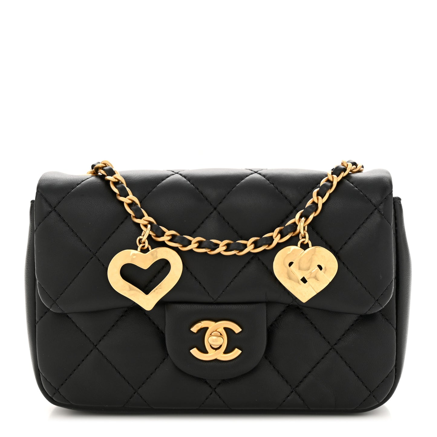 Lambskin Quilted Mini Heart Charms Flap Black