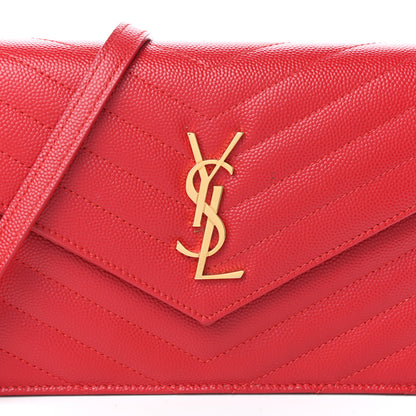 Saint Laurent Grain De Poudre Matelasse Chevron Monogram Envelope Chain Wallet New Red 7 of 9