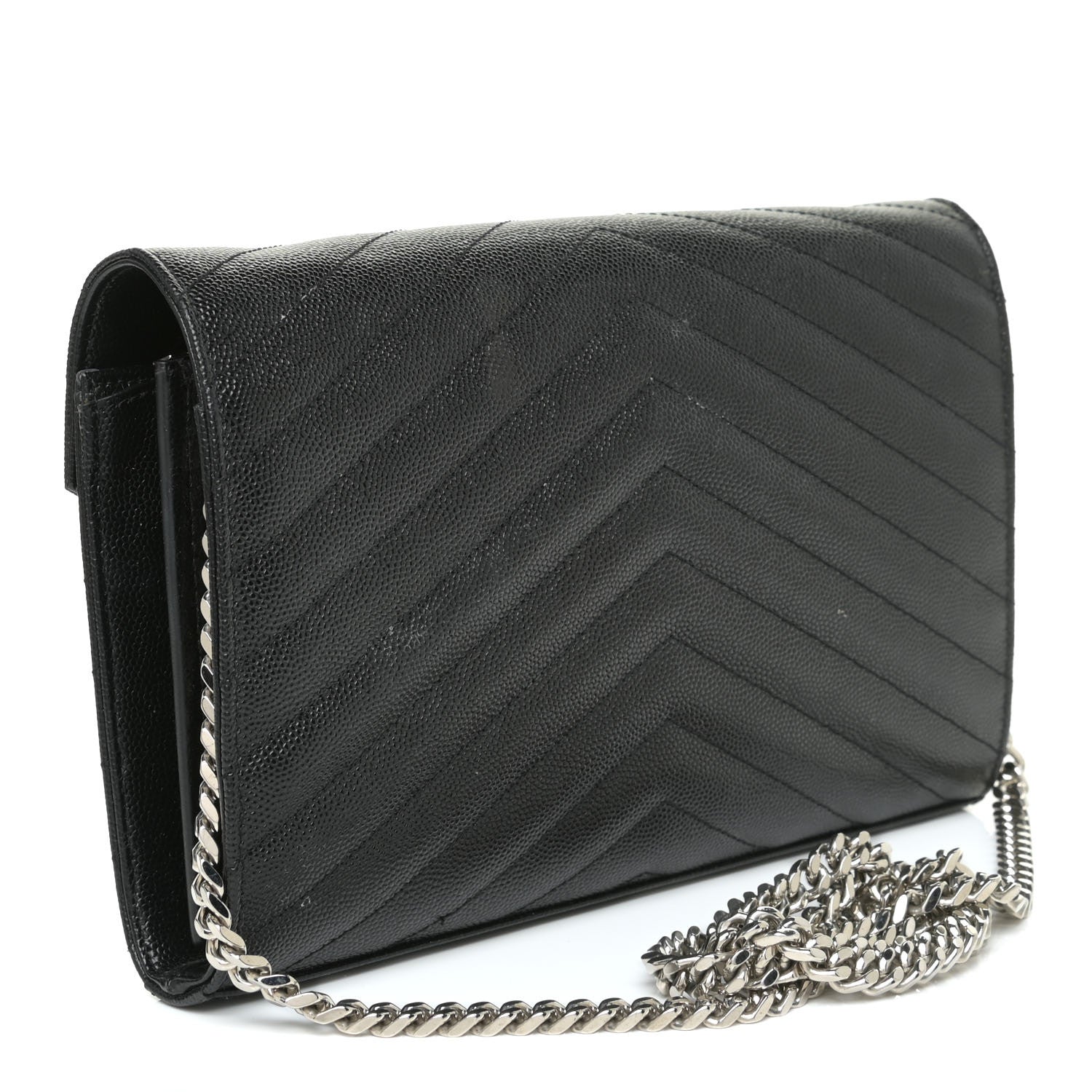 Saint Laurent Grain De Poudre Matelasse Chevron Monogram Chain Wallet Black 3 of 17