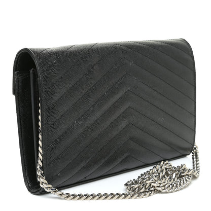 Saint Laurent Grain De Poudre Matelasse Chevron Monogram Chain Wallet Black 3 of 17