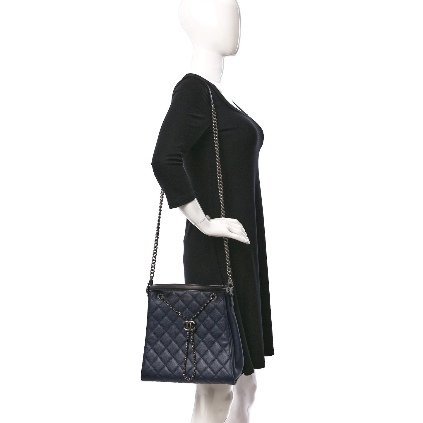 Caviar Quilted Medium CC Bucket Bag Dark Blue