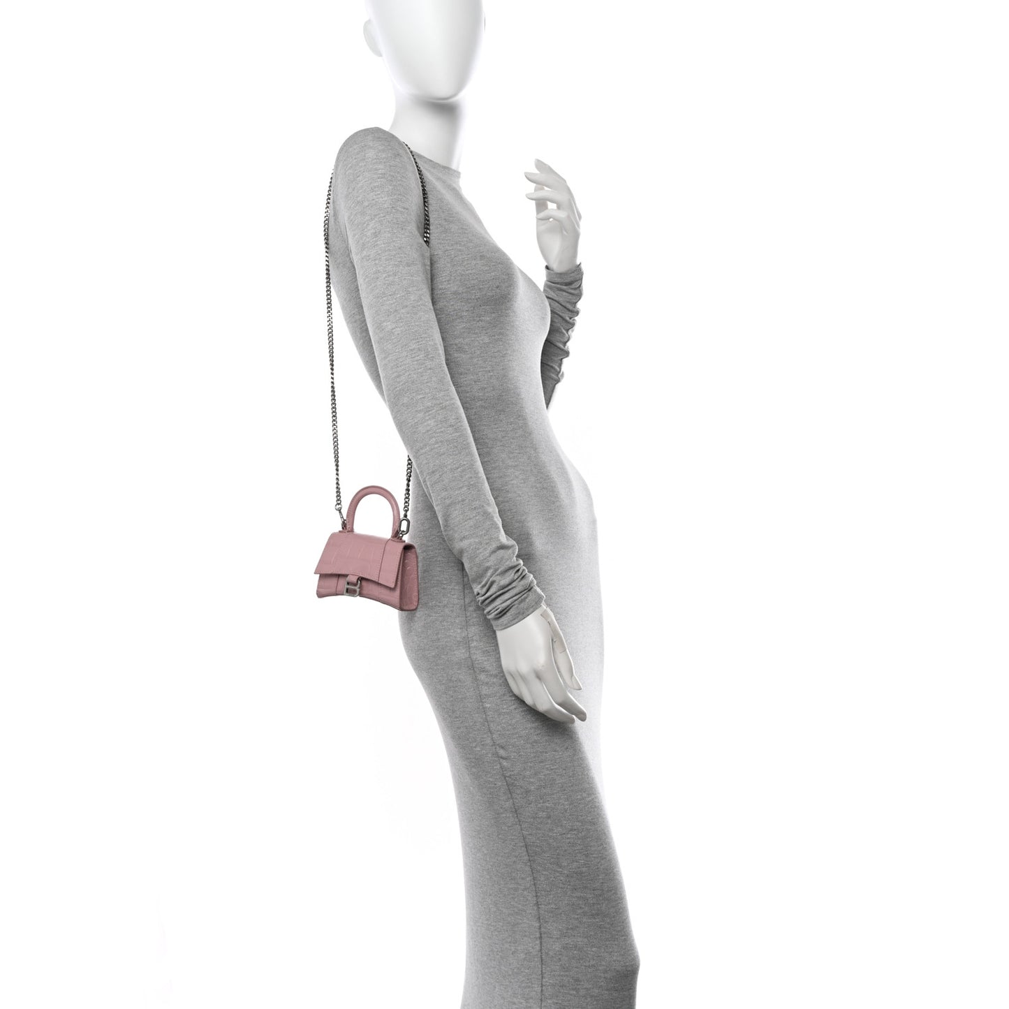 Shiny Calfskin Crocodile Embossed Hourglass Top Handle Bag Mini with Chain Powder Pink