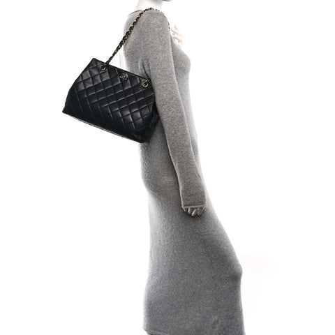 Lambskin Quilted Small Shopping Tote Black