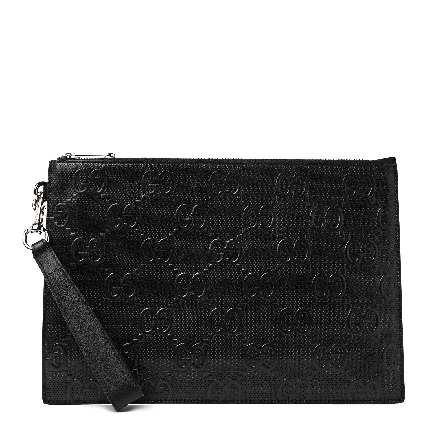 Gucci Calfskin GG Tennis Embossed Wristlet Pouch Black 1 of 8