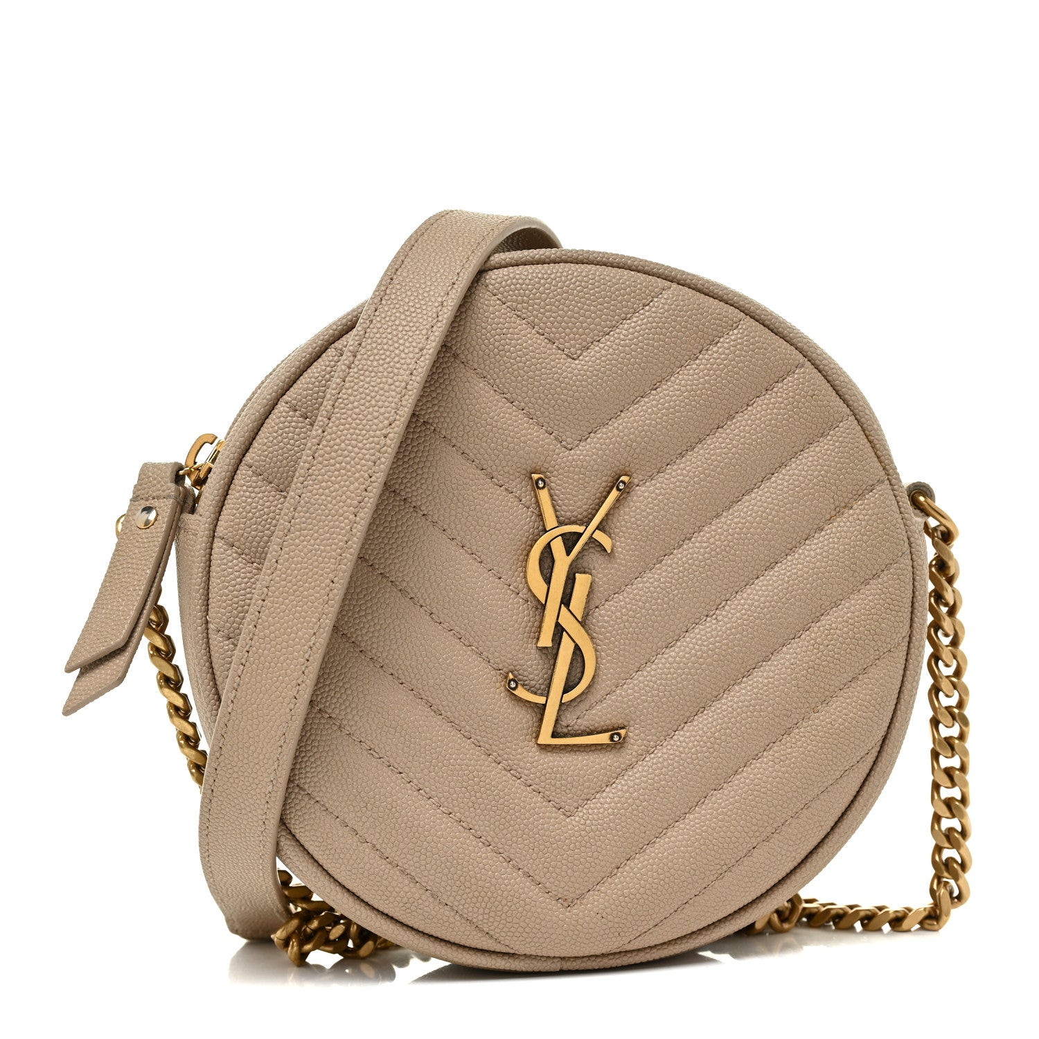 Saint Laurent Grain De Poudre Matelasse Chevron Quilted Round Vinyle Camera Bag Dark Beige 1 of 11