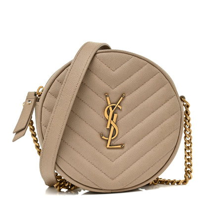 Saint Laurent Grain De Poudre Matelasse Chevron Quilted Round Vinyle Camera Bag Dark Beige 1 of 11