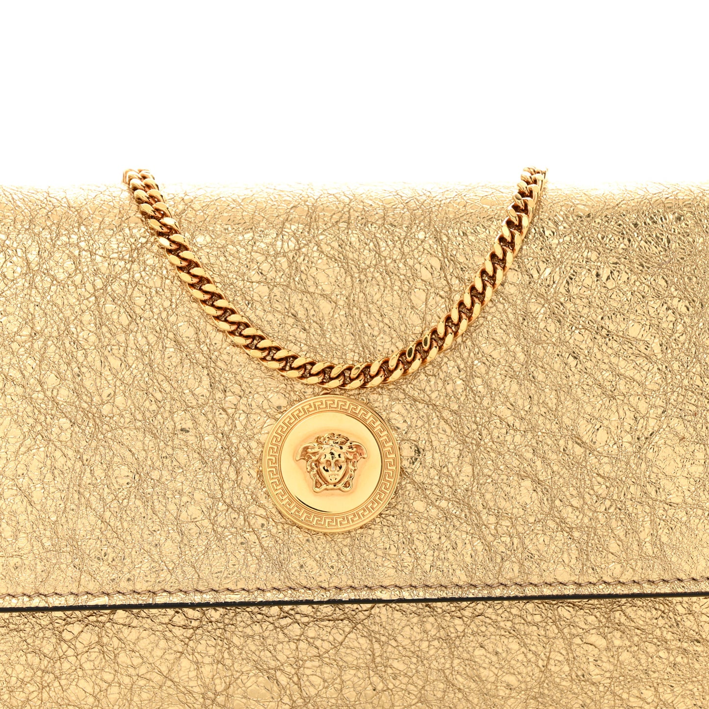 Metallic Calfskin Medusa Clutch With Chain Gold
