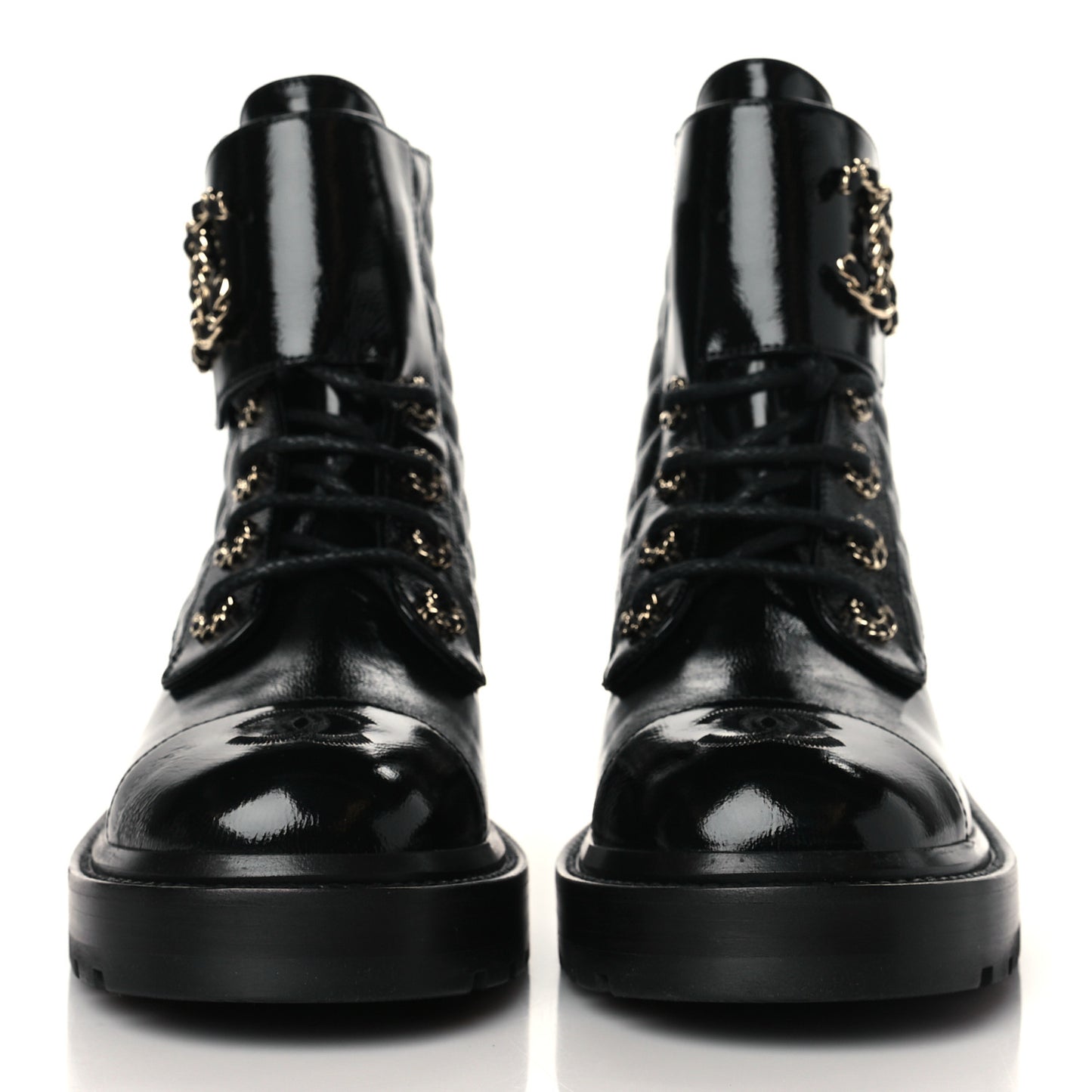 Shiny Calfskin Quilted Lace Up Combat Boots 37.5 Black