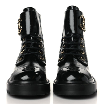 Chanel Shiny Calfskin Quilted Lace Up Combat Boots 37.5 Black 2 of 9